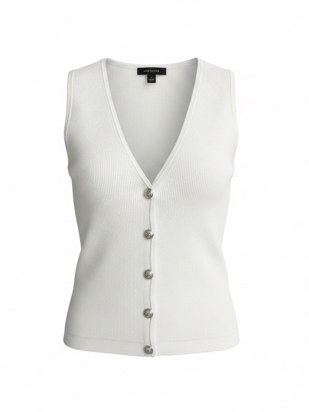 Ann Taylor White Ribbed V-Neck Button Front Vest